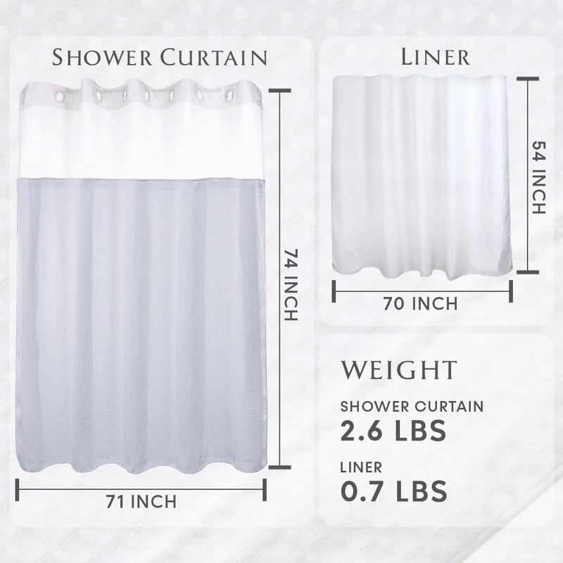 COMFECTO No Hook Shower Curtains Set with Snap in Liner, Light Filtering See Through Top, Hotel-Style Water Repellent, Machine Washable, 71x74 inch, White - Image 5
